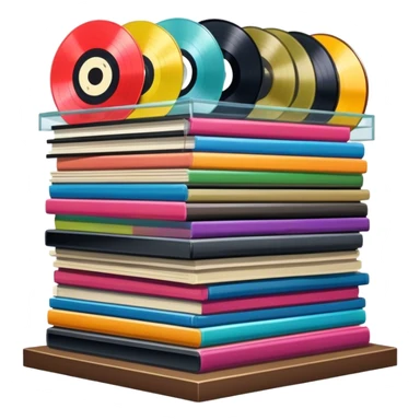 Icon for Vinyl Record Collecting: a shelf filled with a colorful assortment of vinyl records neatly stacked. The icon should evoke the love for collecting diverse vinyl records without including a record player. Transparent background. sticker