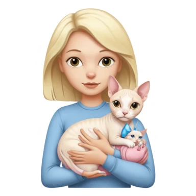 A white girl with blonde hair is holding a white Sphynx cat in her arms sticker