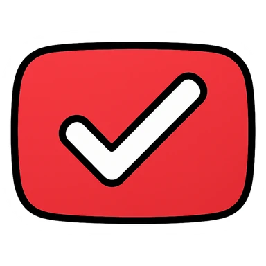 YouTube-themed tick mark with rounded edges, red background and white check, digital icon style sticker