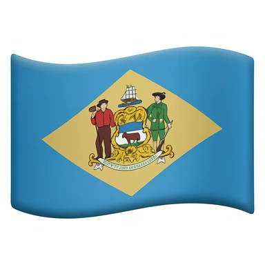 Add a waving flag effect to the Delaware flag with blue and buff diamond and coat of arms, in the style of emoji (apple style emojis). The flag should have no background. sticker