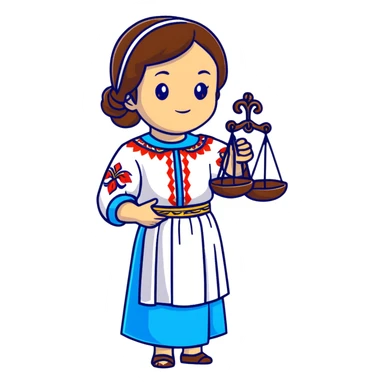 Ukrainian girl with brown hair wearing a traditional embroidered vyshyvanka shirt, holding scales of justice in her hand sticker
