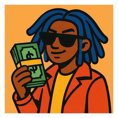 a cool character with blue dreadlocks and a stack of money, modern illustration sticker