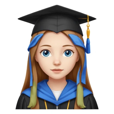 light brown haired girl with long hair, blue eyes, pale skin, wearing graduation regalia with white hood sticker