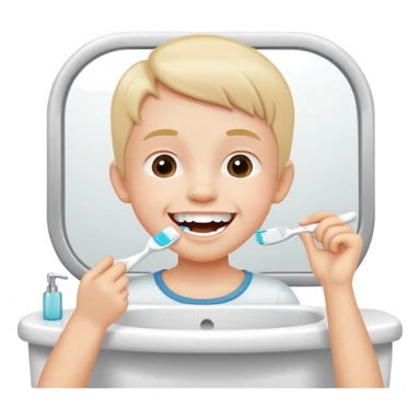 child brushing teeth in front of a bathroom mirror, cheerful expression sticker