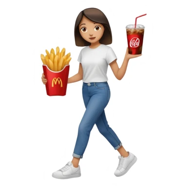 a young woman full length with cola in one hand and french fries in the other hand and a painting under her arm walking left sticker