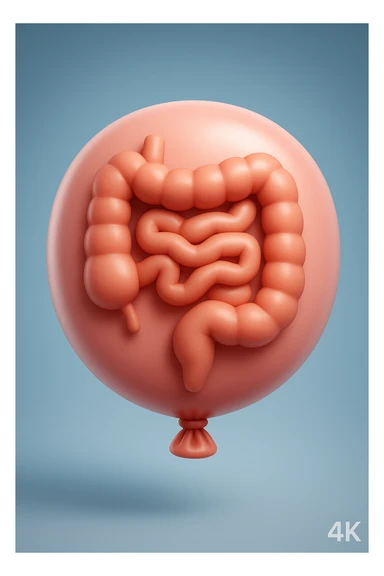 EMOJI STILE IPHONE 3D DI UN INTESTINO CHIUSO IN UN PALLONCINO CHE SIMBOLEGGIA GONFIORE, IPERREALISTICA 4K sticker
