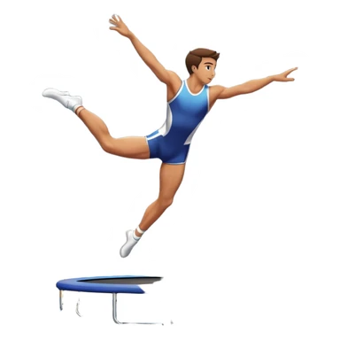 An athletic person soaring high above a trampoline, executing an acrobatic flip with perfect form. The scene captures motion and energy, with a dynamic pose, stretched limbs, and a focused expression. The background suggests a professional trampoline arena with safety padding. sticker