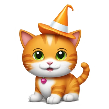 A orange cat with a white belly and with a partyhat sticker