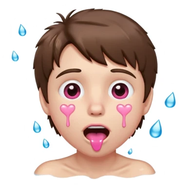 Pale Boy with shaggy brown hair, pink heart shaped eyes looking up , mouth open , water drop dripping from lips, hands grabbing at face  sticker