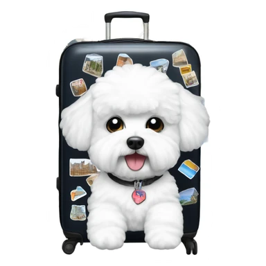A Bichon Frise standing next to a suitcase filled with iconic places stickers on the suitcase  sticker