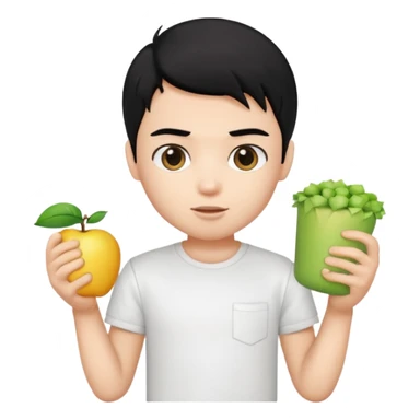 generate a pretty bratz emoji of a boy with black hair wearing a white tshirt and holding a cT sticker