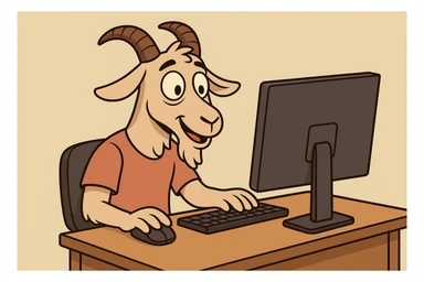 cartoon style goat sitting at a computer, friendly and simple colors sticker