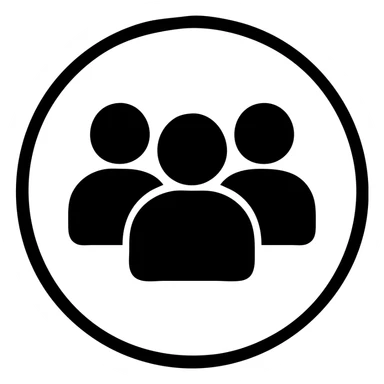 Minimalist black filled icon for Served 10,000+ Travelers. A group of people or crowd symbol inside a circle, filled with black, matching the same color code and format as the reference images. sticker