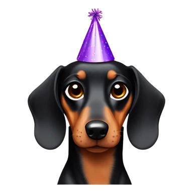 Black and tan dachshund wearing a party hat sticker