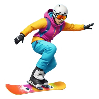 An icon showing a snowboarder performing an exciting jump on a snow-covered slope. The background features towering mountains, snow-covered trees, and a bright, clear sky. Transparent background highlights the speed, agility, and thrill of snowboarding. sticker