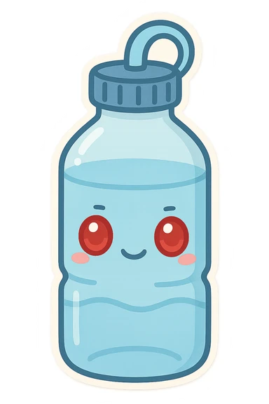 A water bottle with red eyes sticker