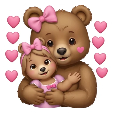 girl bear with bow on her head and boy bear hugging, couple, surrounded by hearts, playful and loving, cute sticker
