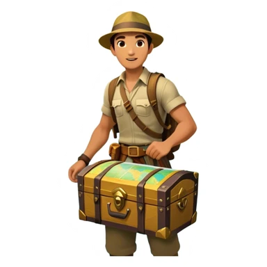 Icon for Adventure Movie: A vibrant, cinematic poster-style design featuring an action-packed scene. Include an adventurer with a map, a treasure chest, a jungle background, a towering mountain, and ancient ruins. Bright colors, bold typography, and an exciting atmosphere. Transparent background. sticker