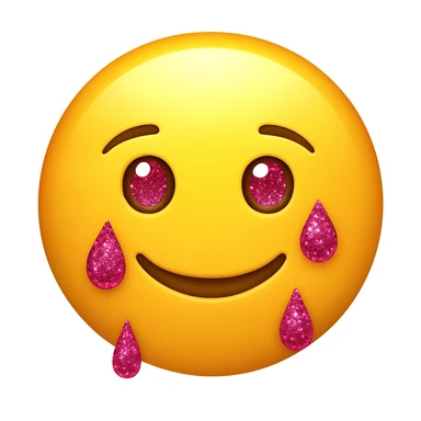 Make the tears pink glittery and the lips smile on a classic round yellow face emoji. The face should not be a woman face, but a classic emoji face. sticker