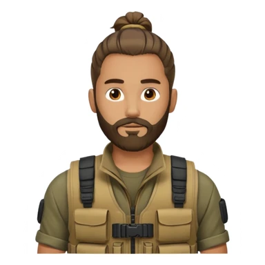 bearded man with man bun, tactical vest, no glasses sticker