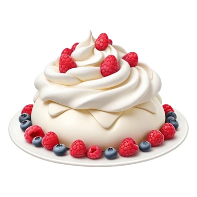 Cinematic Realistic Pavlova Dessert Emoji, showcasing a delicate meringue dessert topped with fresh fruit rendered with lifelike texture and soft natural lighting. sticker