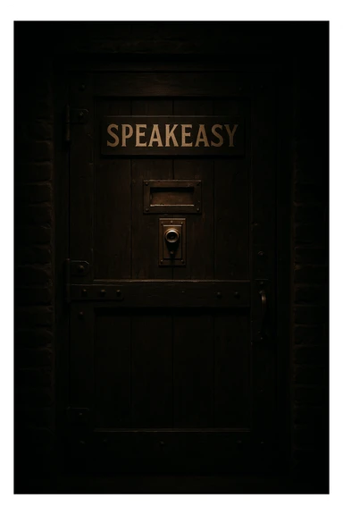 speakeasy door with a peephole, symbolizing secret Chicago mob meetings, dark atmospheric vintage style sticker