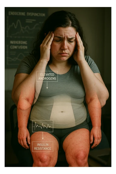 cinematic realistic in italiano Woman with PCOS struggling with hormonal chaos, transparent overlay showing elevated androgens and insulin resistance affecting her body, lipedema causing disproportionate fat accumulation in legs and arms despite normal torso, expression of frustration with unexplained weight gain, medical charts showing complex endocrine dysfunction, painful swollen limbs contrasting with metabolic confusion sticker