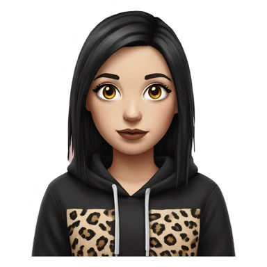 Hyperrealistic white girl with long black hair with a pink fringe and has eye makeup on, she is wearing a black and leopard print hoodie  sticker