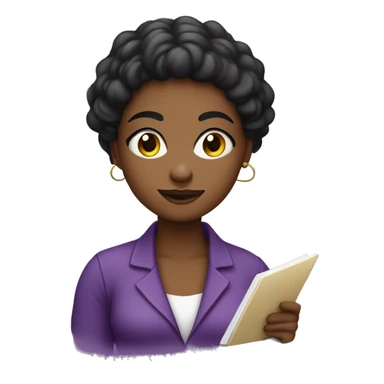 uma mulher de cor negra, sentada, mexendo no notebook, fundo roxo sticker