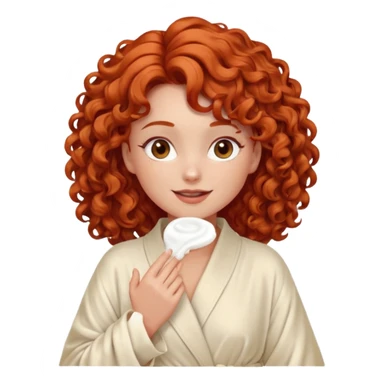 Cartoon emoji of a girl with voluminous curly red hair, fair skin, warm brown eyes. Wearing a chic milky silk robe with long sleeves, no makeup. Portrait mode, giving herself a face massage, joyful and relaxed. Smooth, simple, stylized. sticker