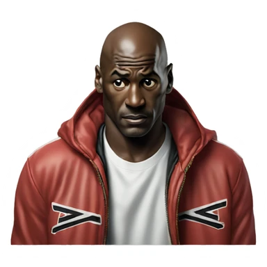 Michael Jordan in a jacket holds his head and is sad photorealistic serious sticker