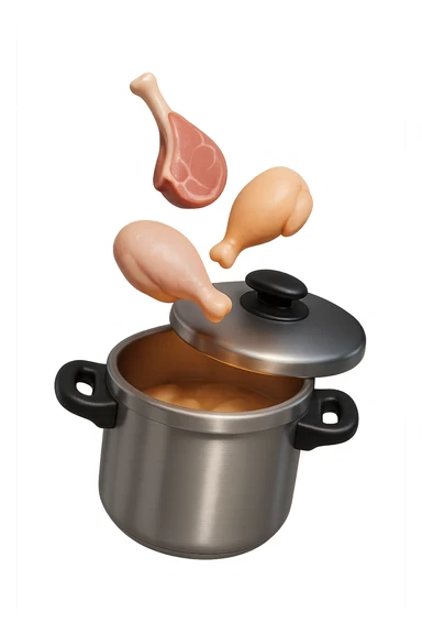 emoji stile iphone in 3d di una pentola a pressione dentro cui cadono agnello, pollo e tacchino crudi da cuocere, iperrealistico 4k sticker