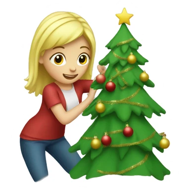 Blond Girl decorating a Christmas tree sticker