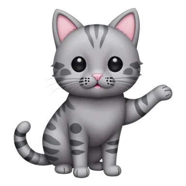 Gray cat stuffed animal standing on two legs with black small ovals for eyes and pink circles for blush and a tiny oval and a w for a mouth and nose that connect with black lines for whiskers and the right arm is a dark gray color sticker
