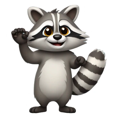 A cute fluffy raccoon waves his paw and greets sticker