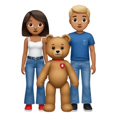 A boy and a girl teddy bear for the boy bear put on true religion shirt and jeans with black shoes and for the girl put flare jeans and a red tube top and white shoes just bears not the humans  sticker