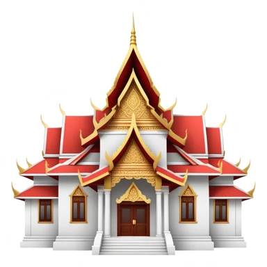 Traditional Thai hospital with pointed roof architecture, red cross symbol, ornate details, with traditional Thai architectural elements sticker