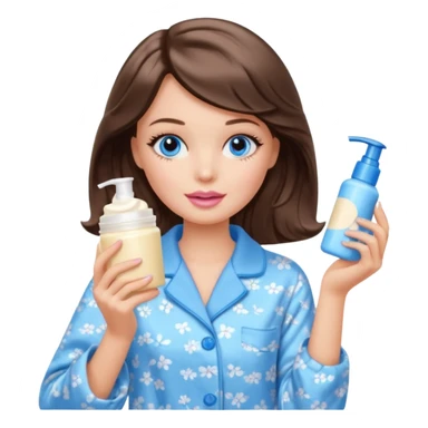 Barbie girl with makeup, blue eyes , and bob long haircut wavy, short brown hair in creamy color pajamas, face cream in hand sticker