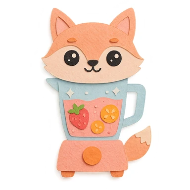 full-body cute fox-shaped blender with see-through body showing fruity smoothie, sparkling eyes, pastel pink, paper craft style sticker
