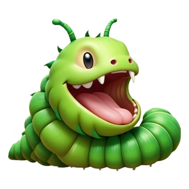 Cinematic Realistic Cute Yawning Caterpillar Portrait Emoji, Head tilted slightly with a dramatic, wide-open yawn, showcasing a soft, downy segmented body in vivid green with subtle drooping and half-closed, drowsy eyes, rendered with intricate natural texture and gentle shadows, high shine, relaxed yet expressive, styled with a dash of woodland charm, soft glowing outline, capturing the essence of a sleepy yet affectionate caterpillar that appears ready to stretch out and rest among the leaves! sticker