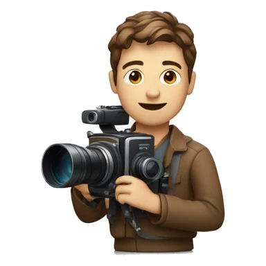 European film director with brown piled short hair holding a cinema camera sticker