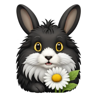 black lionhead rabbit eating a daisy sticker