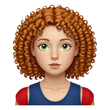 Curly-haired girl with freckles on her nose, medium lips, broad shoulders, no breasts, wearing navy blue sleeveless body as a top, defined shoulder muscles, her eyes are colored with the mix of green and blue, has small roman nose, has defined cheekbones sticker