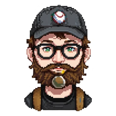 adventurer with beard, glasses and backwards baseball cap sticker