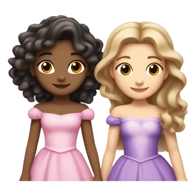 two princesses hugging, one with light brown hair that’s long and straight and light skin and the other with black curly wavy hair with olive skin one in pink and the other princess in pink and purple sticker