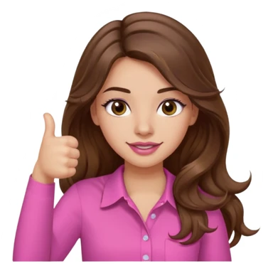 girl with long wavy brown hair, brown eyes, light to medium complexion, in a pink shirt, pink lips, long lashes, thumbs up sticker