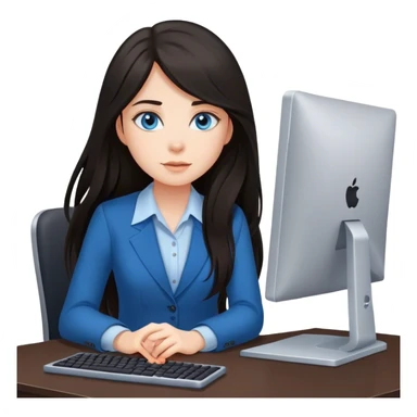 Dark-haired girl with long hair and blue eyes, beautiful, dressed in office style, sits with a computer sticker