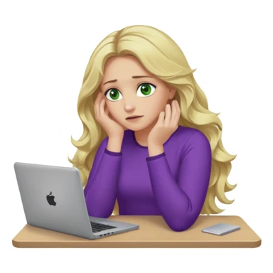 lady with long blonde wavy hair, purple top, green eyes,one elbow one desk hand on face with a laptop looking defeated sticker