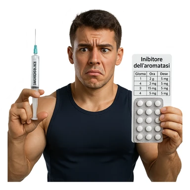 young athlete with swollen muscles holding a syringe labeled 'Testosterone' and a pill package labeled 'Inibitore dell'aromatasi', dosage table with Italian text and errors, confused expression, white background, 4K quality sticker