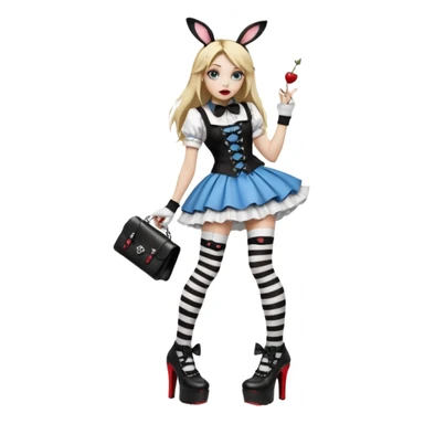  3d rendering,  ultra detailed, Alice in wonderland modern style in a punk gothic style outfit, stripped knee high socks, gothic platform heels, long blonde hair, eyeliner, red lipstick, falling through rabbit hole,  transparent background
 sticker